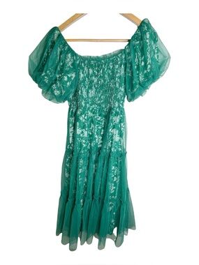 Baltic Born Liv Tiered Tulle Midi Dress Size Large Green Floral Puff Sleeves